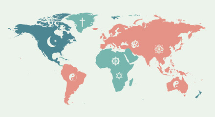Fototapeta premium World map showing the distribution of religions across different continents.