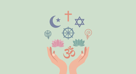 Hands holding religious symbols, a concept of interfaith harmony and tolerance design.