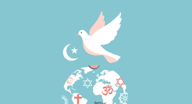 Dove flying over globe with religious symbols representing interfaith harmony concept.