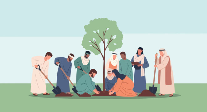 Diverse group of people planting a tree together, symbolizing unity and sustainability. - Powered by Adobe