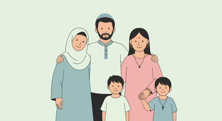 Diverse family with muslim, jewish, hindu, and christian members standing together smiling.