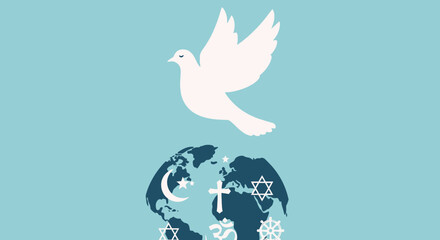Dove flying over earth with religious symbols, representing peace and interfaith harmony.