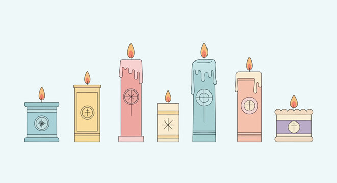 Seven pastel colored candles with various geometric and religious symbols, vector illustration. - Powered by Adobe
