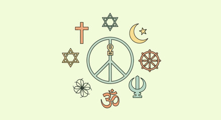 World religions symbols with peace sign, promoting interfaith harmony and tolerance.