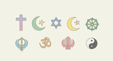 World religions symbols set, including christianity, islam, judaism, buddhism and hinduism.