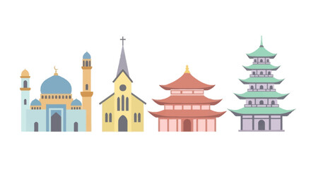Religious diversity shown with a mosque, church, pagoda, and temple in a row.