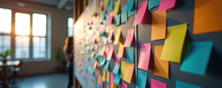 Kanban board on office wall with colorful sticky notes for agile project management. Team organizes workflow, plans business tasks using scrum framework. Person brainstorms ideas, tracks project - Powered by Adobe