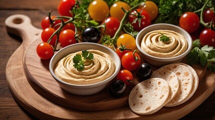 Delicious hummus with fresh tomatoes and pita bread arranged on a wooden serving board, perfect for a healthy snack or appetizer