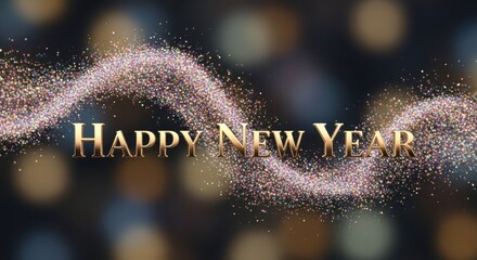 Happy new year text with sparkling glitter wave and bokeh lights on a dark background, festive celebration concept