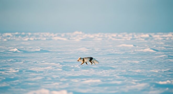 A solitary arctic fox running across a vast frozen tundra landscape. - Powered by Adobe