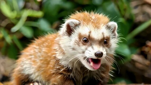 Ferret in outdoor forest setting with sunny natural light close up portrait