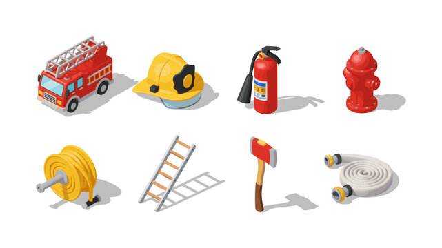 Essential firefighting equipment in isometric style: fire truck, helmet, extinguisher, and more