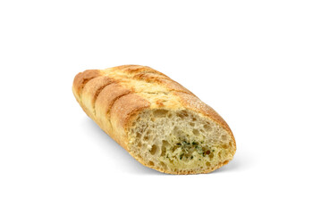Sliced baguette with garlic isolated on white background.