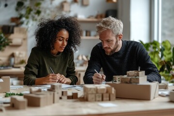 A diverse couple intently working on architectural models and sketching designs at a collaborative workshop, focused on their creative project.