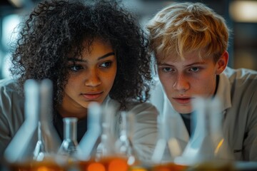 Two young scientists, a diverse male and female, intently observe a chemical reaction in laboratory flasks, conducting an experiment with focused concentration.