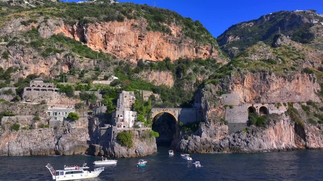Aerial Shot of Fiordo di Furore, Fjord of Furore. Azure Water, Cliffs, Big Canyon, famous bridge in Amalfi coast, Italy