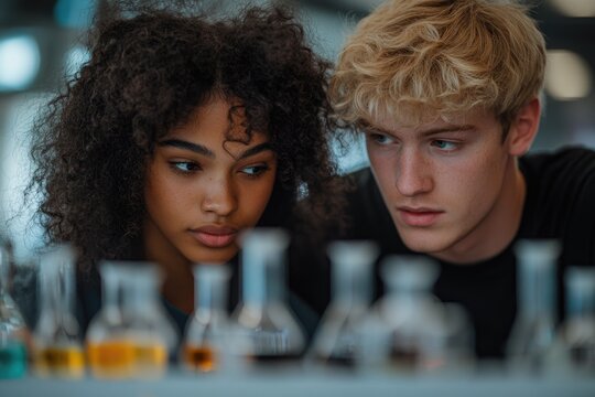 Two focused young people, a diverse duo, intently observing scientific beakers and flasks in a laboratory setting, engrossed in an experiment or research. - Powered by Adobe