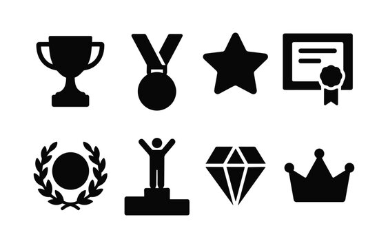 Awards and recognition icons: silhouettes of trophies, medals, and achievement symbols
