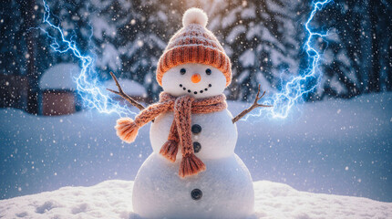 Magical snowman with electric blue aura in snowy forest