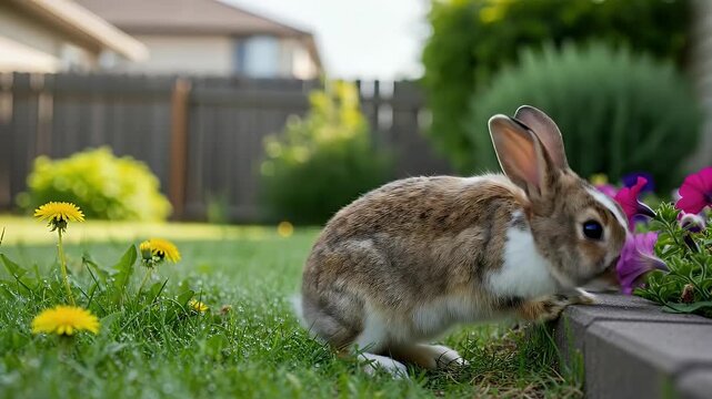 An adorable brown and white rabbit explores a lush green backyard on a sunny day. The curious bunny sits on the lawn near a garden bed, sniffing and nibbling on a colorful petunia flower. This charmin