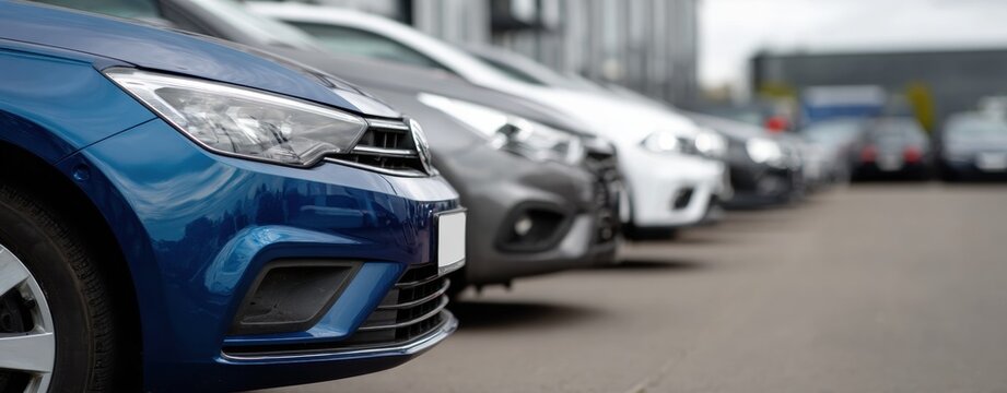 Blue compact car front bumper and headlight in row of used cars at outdoor car market, modern sedan lineup with blurred background showing multiple vehicles and urban dealership setting