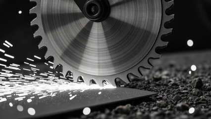 Cutting tool sparks fly from metal surface during precision cut, showcasing power and detail of industrial machinery