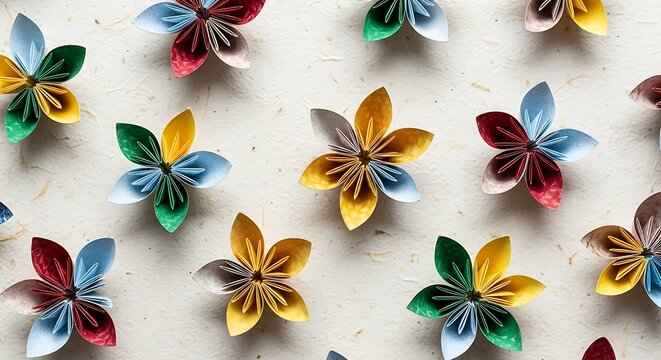 A collection of colorful origami flowers arranged artfully on a textured light background