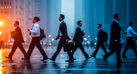 A dynamic scene of anonymous business people in suits walking across a wet city street during the morning rush hour