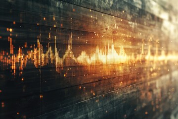 Fototapeta premium An illuminated, abstract sound wave equalizer visualization with glowing orange bars on a dark, textured wooden surface, surrounded by sparkling light particles.