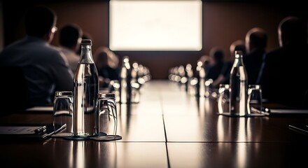 Engaged attendees at a professional business conference, with a focus on the neatly arranged water bottles and glasses on the polished wooden table in a dimly lit room during a presentation