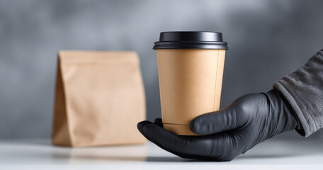 Hand wearing black glove holding a disposable coffee cup with black lid and a brown paper bag in the background on a gray surface