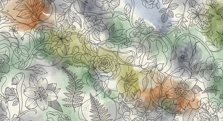 Abstract watercolor and ink pattern with organic shapes and delicate floral elements in soft pastel colors