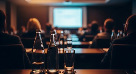 Conference Room Elegance Water Bottles in Focus at Business Presentation