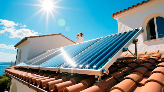 Solar water heater with evacuated tube collectors on a tiled residential roof.
