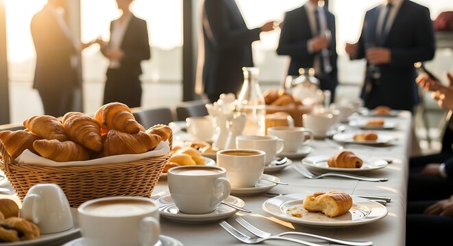 Elegant breakfast spread with fresh pastries and aromatic coffee laid out for a professional business networking event, fostering connections and discussions in a modern, sunlit setting