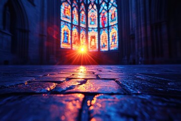 Vibrant sunburst through an ornate stained glass window bathes a dark church interior, casting ethereal light and color onto the ancient stone floor.