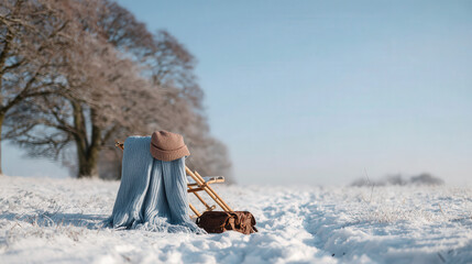 bright winter scene features cozy hat resting on blanket of snow beside wooden sled