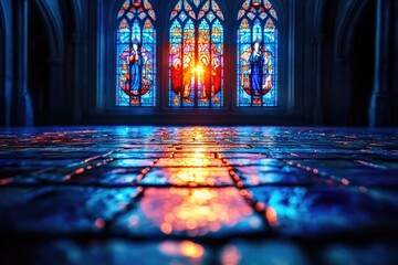 Stunning stained glass windows illuminate a dark, wet church floor, with vibrant colors and warm reflections creating a sacred, mysterious atmosphere.