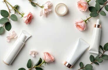 Obraz premium Top view of white cosmetic products with rose gold accents surrounded by pink roses and green eucalyptus leaves on a white background. Natural skincare items for face and body care.