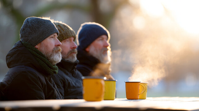 Three mature men wearing winter hats and jackets sitting outdoors with steaming hot drinks on a wooden table during cold weather - Powered by Adobe