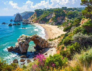 Coastal scene. Clear blue ocean, sandy beach framed by cliffs, rock arch, lush greenery, and sunny skies