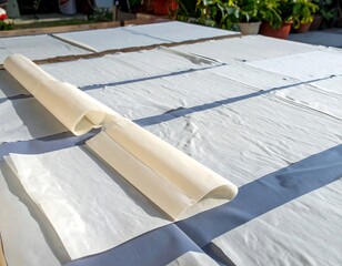 Large, flat sheets of light-colored, thin paper rest on a blue surface, with a rolled-up sheet on top, outdoors, sunlight