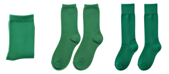 Green Socks Variety Pack PNG. Collection of various white sock styles including crew and ankle, isolated for diverse apparel and fashion projects isolated. Green sock top view flat lay PNG