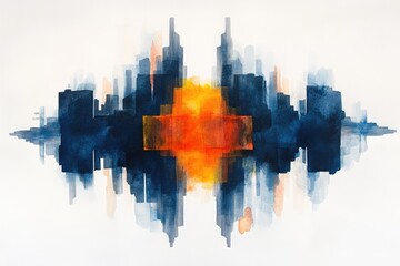 Obraz premium Abstract symmetrical art. Dark blue cityscape forms frame vibrant orange core. Dynamic lines and watercolor textures evoke modern urban energy.