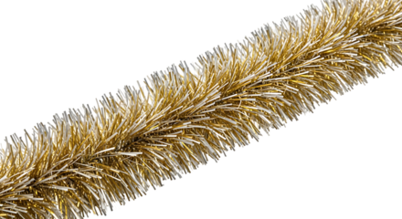 Close up of a golden tinsel garland with fine strands shimmering and isolated on transparent background