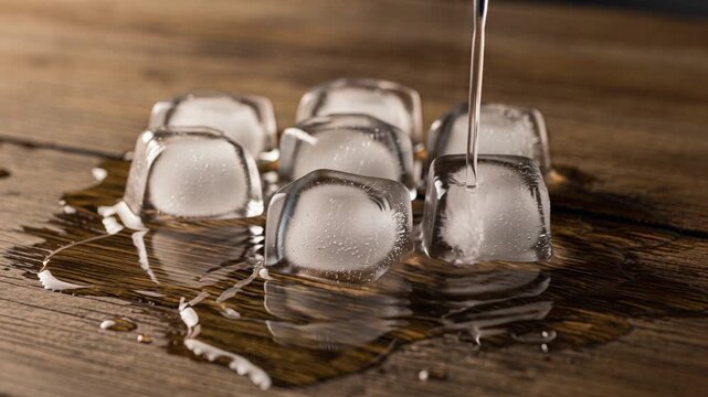 Crystal clear water streams over melting ice cubes on rustic wooden surface creating refreshing liquid ripples ideal for summer beverage promotions or cool drink advertising