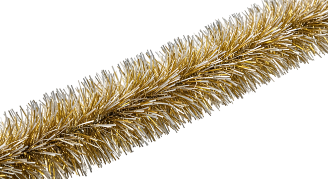 Close up of a golden tinsel garland with fine strands shimmering and isolated on transparent background
