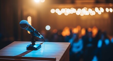 Microphone ready on a brightly lit podium, perfect for a public address or presentation at a professional event, with a blurred audience in the background