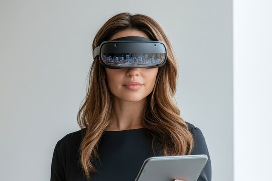 Immersed in augmented reality, a woman observes a digital city via her sleek headset, holding a tablet. Future technology and innovation.