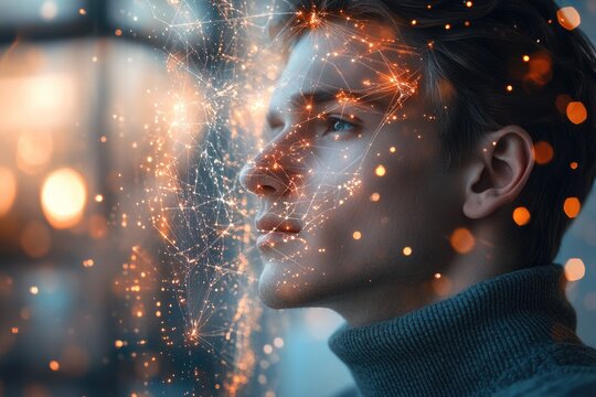 A man's profile illuminated by a glowing neural network, symbolizing artificial intelligence, deep thought, and digital connectivity. A futuristic vision of advanced human consciousness.